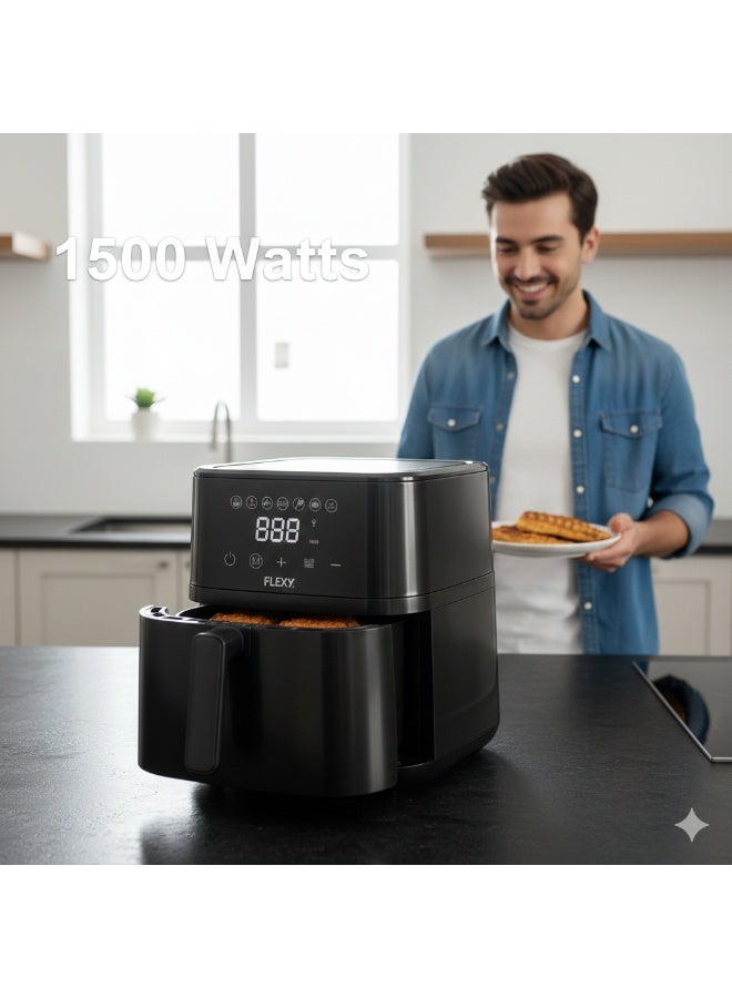 فليكسي مقلاة هوائية رقمية فليكسي سعة 5 لترات، 1500 واط، 7 وظائف في جهاز واحد، تسخين بزاوية 360 درجة، طهي بدون زيت، لوحة تحكم تعمل باللمس، إعدادات مسبقة، نافذة عرض، موفرة للطاقة، ضمان لمدة عامين - Image 5